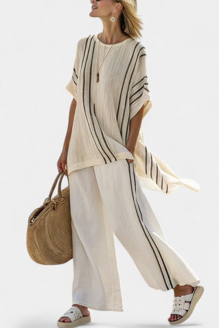 Greysen | Chic Ivory Blouse with Black Striped Trousers