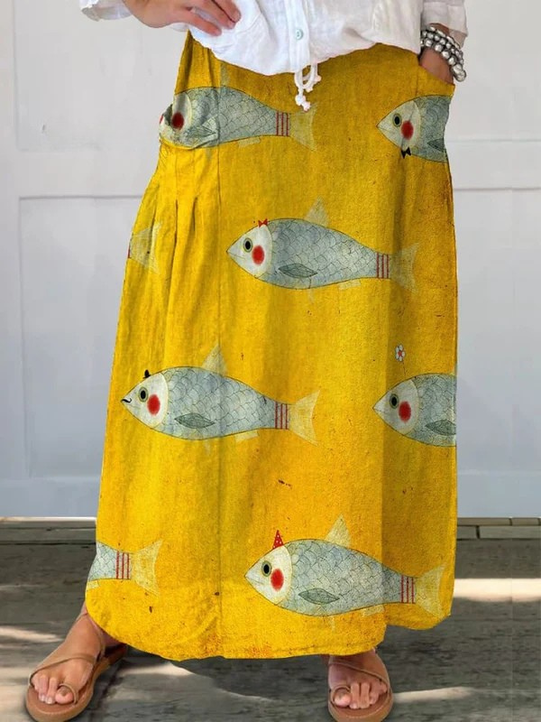 Retro Fish Art Print Pocket Skirt for Women