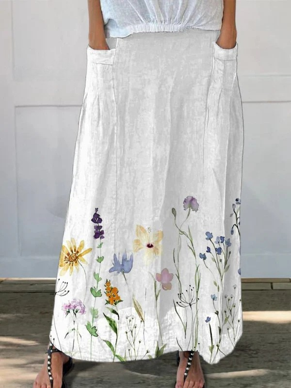 Women's Elastic Waist Pocket Skirt with Watercolor Spring Meadows Print