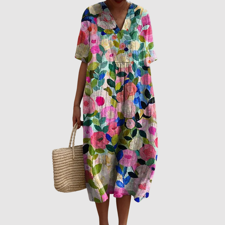 Rosie | Watercolor Midi Dress with Garden Bloom Design