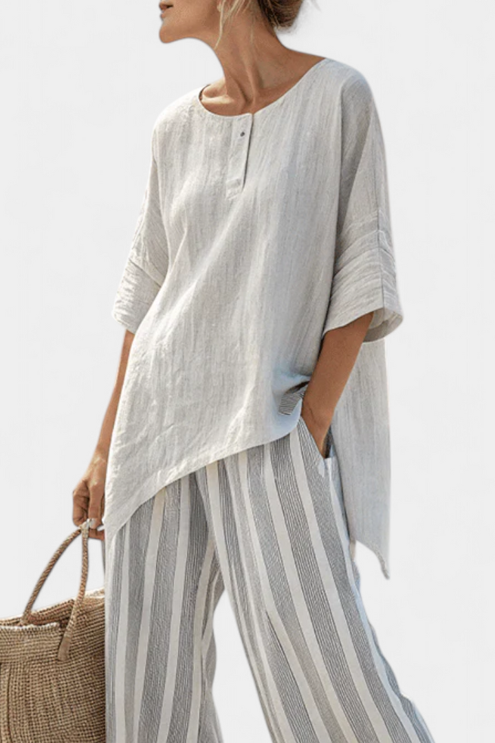 Talvora | Chic Asymmetrical Blouse with Striped Trousers