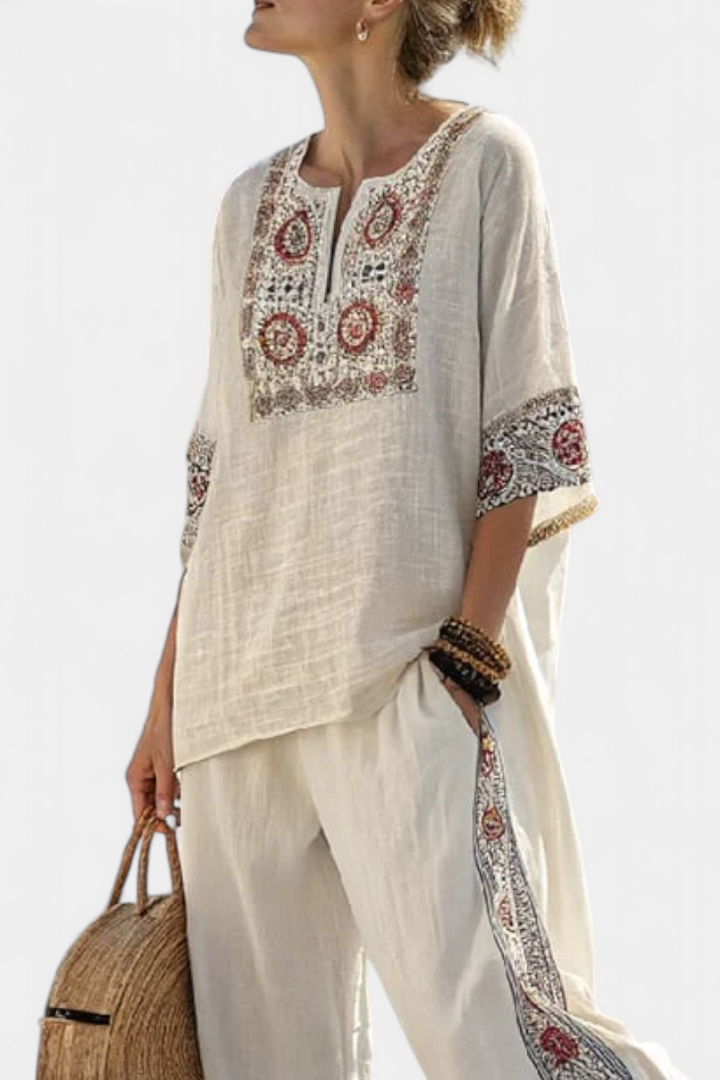 Tameric | Elegant Embroidered Raw Blouse with Wide-Leg Pants