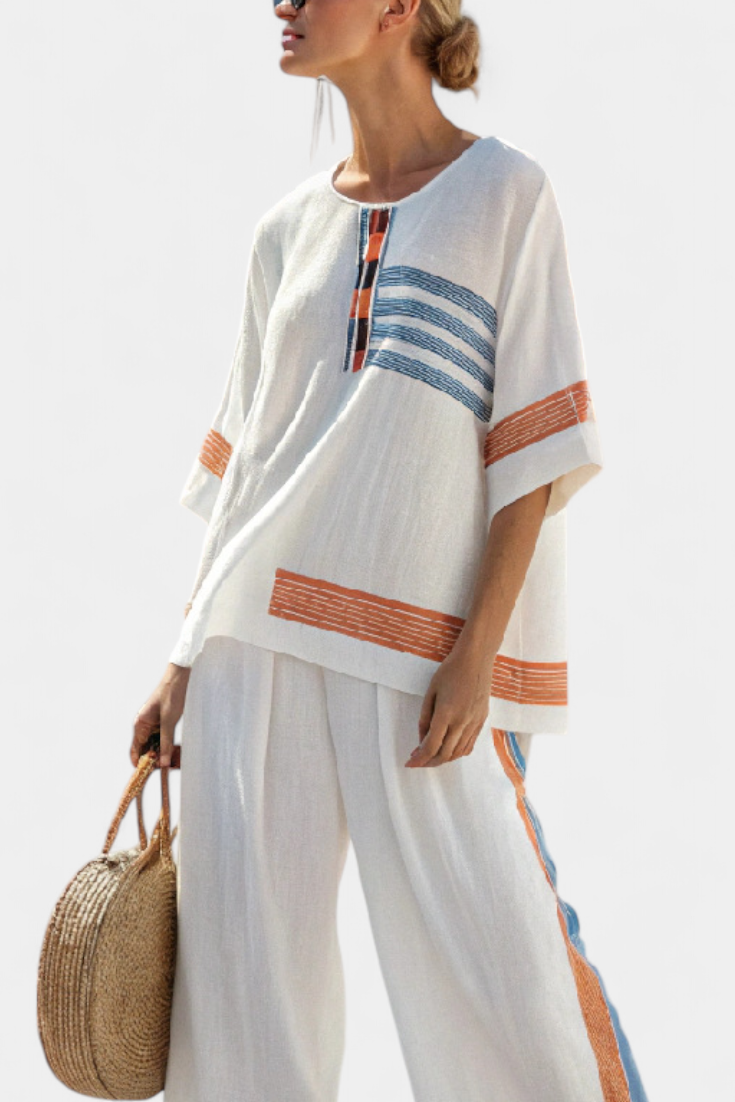 Marcellin | Elegant Blue and Orange Striped Top and Pants Set