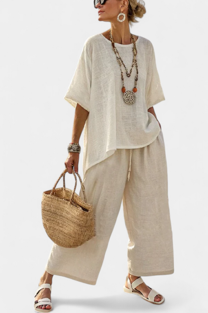 Drevon | Relaxed Minimalist Raw Blouse & Wide-Leg Trousers