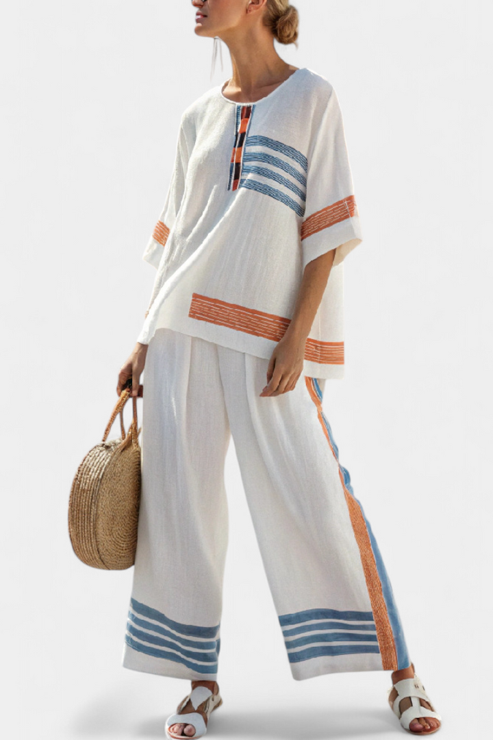 Marcellin | Elegant Blue and Orange Striped Top and Pants Set