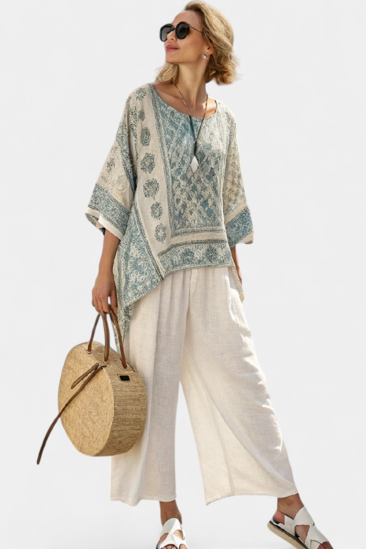 Quinley | Stylish Printed Blouse with Relaxed Wide-Leg White Pants