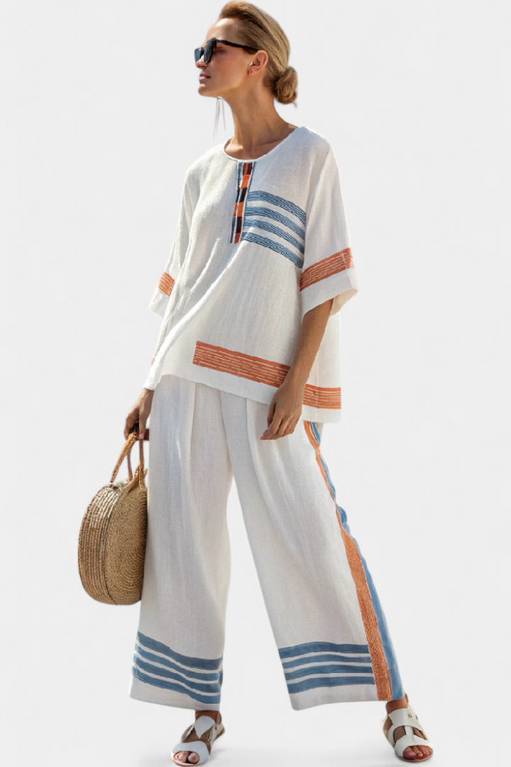 Marcellin | Elegant Blue and Orange Striped Top and Pants Set