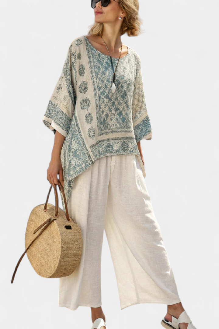Quinley | Stylish Printed Blouse with Relaxed Wide-Leg White Pants