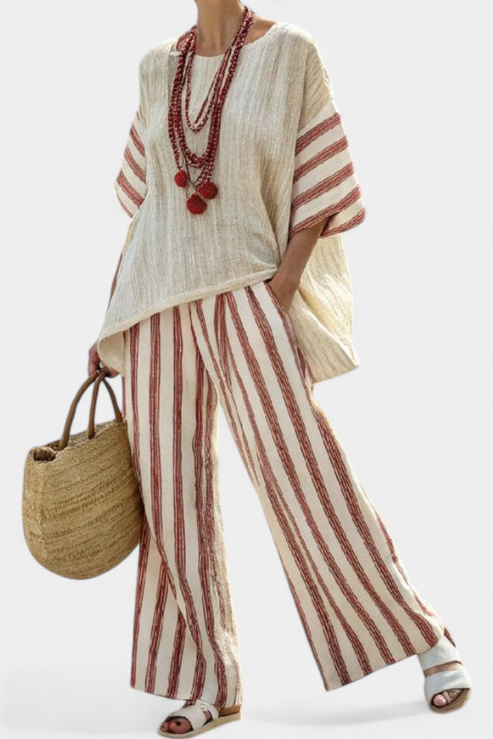 Braelith | Chic Rustic Striped Blouse & Cream Trousers