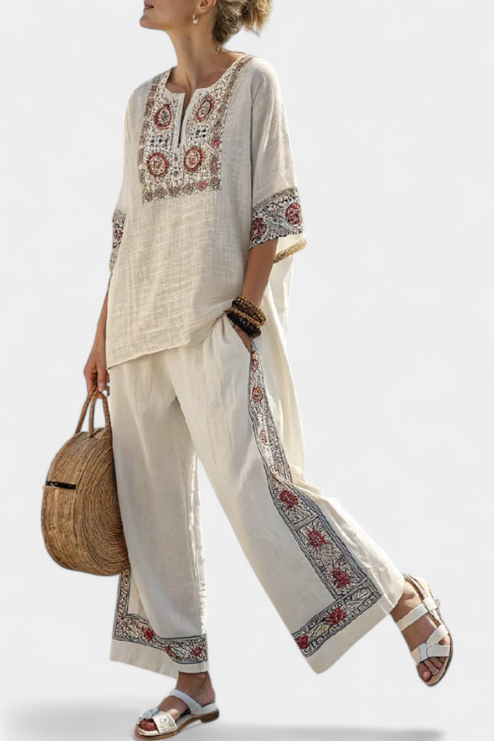 Tameric | Elegant Embroidered Raw Blouse with Wide-Leg Pants